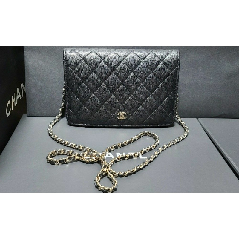 CHANEL 經典黑魚子醬香戈爾WOC翻蓋卡包可拆卸-1