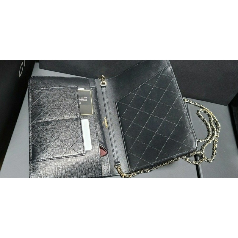 CHANEL 經典黑魚子醬香戈爾WOC翻蓋卡包可拆卸-5
