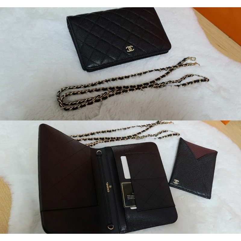 CHANEL 經典黑魚子醬香戈爾WOC翻蓋卡包可拆卸-7