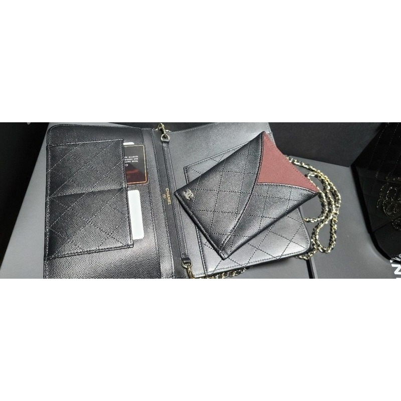 CHANEL 經典黑魚子醬香戈爾WOC翻蓋卡包可拆卸-11