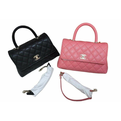 CHANEL 可可手柄小號黑色粉紅牛奶粉紅魚子醬絎縫香戈爾