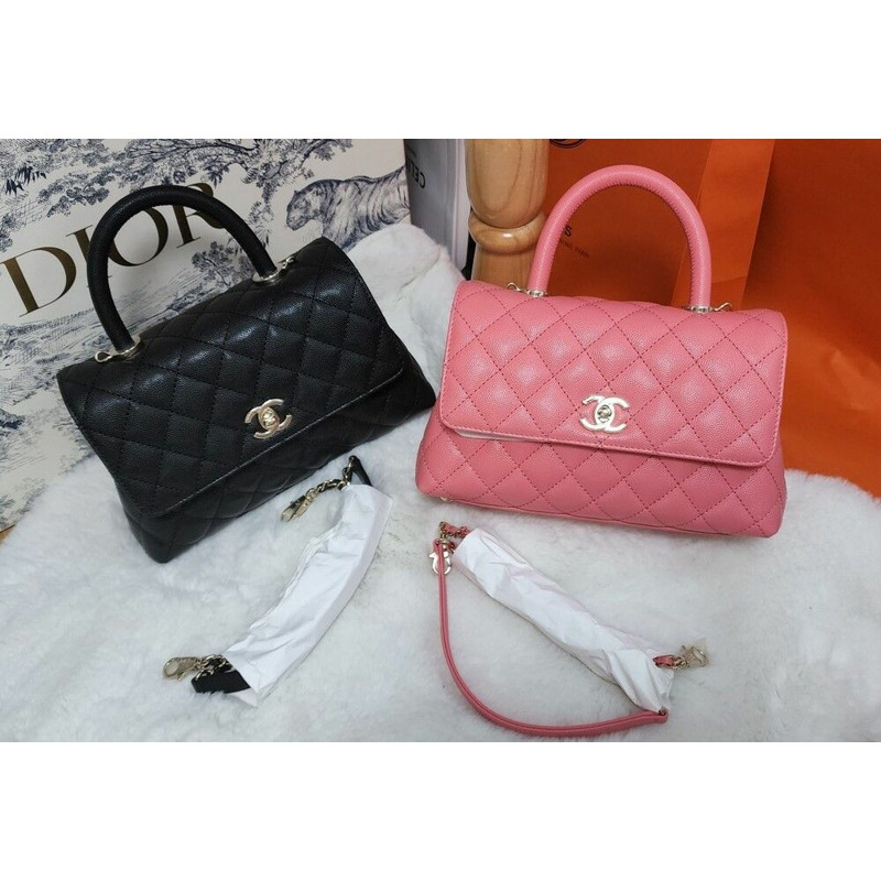 CHANEL 可可手柄小號黑色粉紅牛奶粉紅魚子醬絎縫香戈爾-10