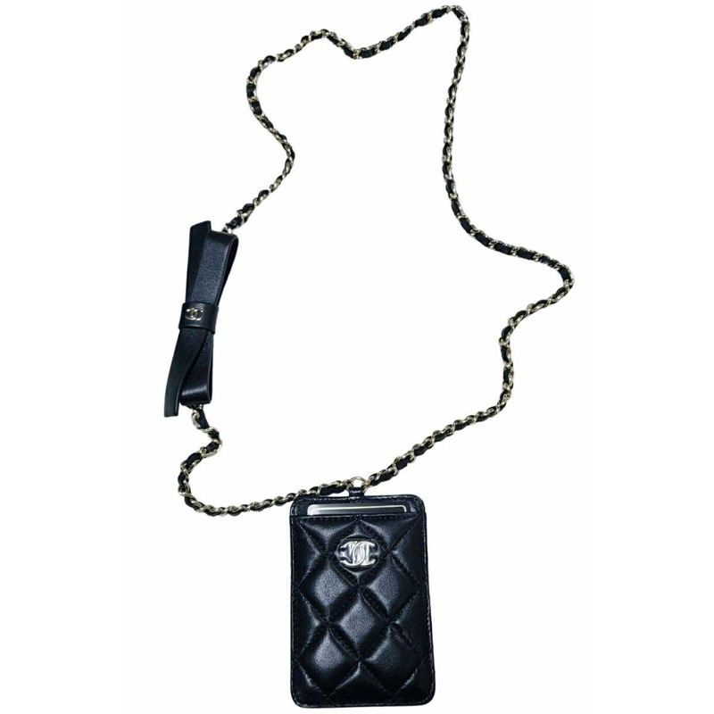 CHANEL 山茶花絲帶卡包頸掛錢包黑色魚子醬沙戈勒-0