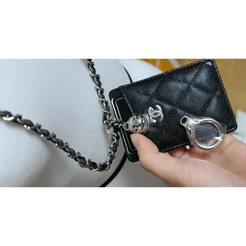 CHANEL 山茶花絲帶卡包頸掛錢包黑色魚子醬沙戈勒-2