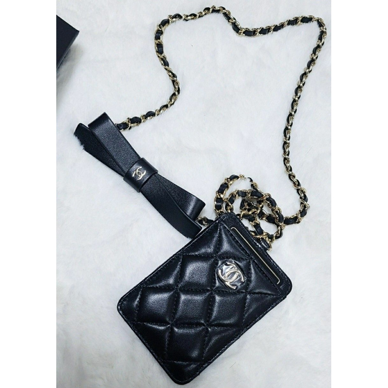 CHANEL 山茶花絲帶卡包頸掛錢包黑色魚子醬沙戈勒-7