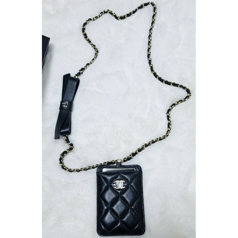 CHANEL 山茶花絲帶卡包頸掛錢包黑色魚子醬沙戈勒-8