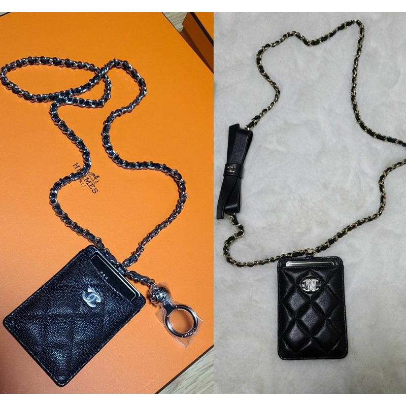 CHANEL 山茶花絲帶卡包頸掛錢包黑色魚子醬沙戈勒-9