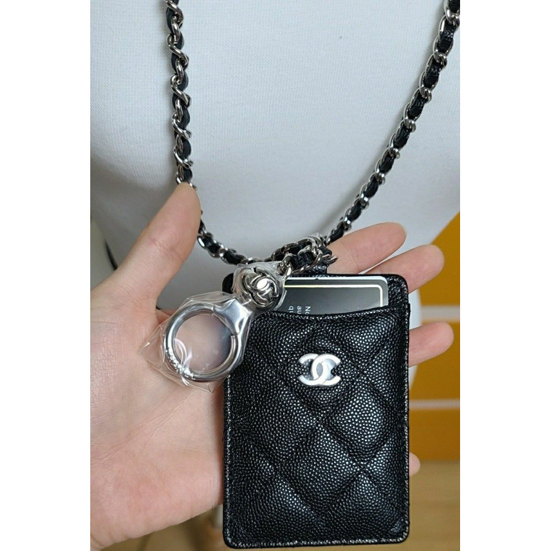 CHANEL 山茶花絲帶卡包頸掛錢包黑色魚子醬沙戈勒-12