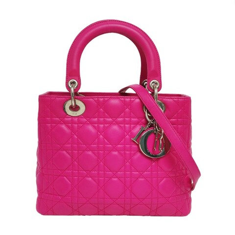 Dior lady dior 戴妃五格玫紅色羊皮銀扣 手提包肩背包