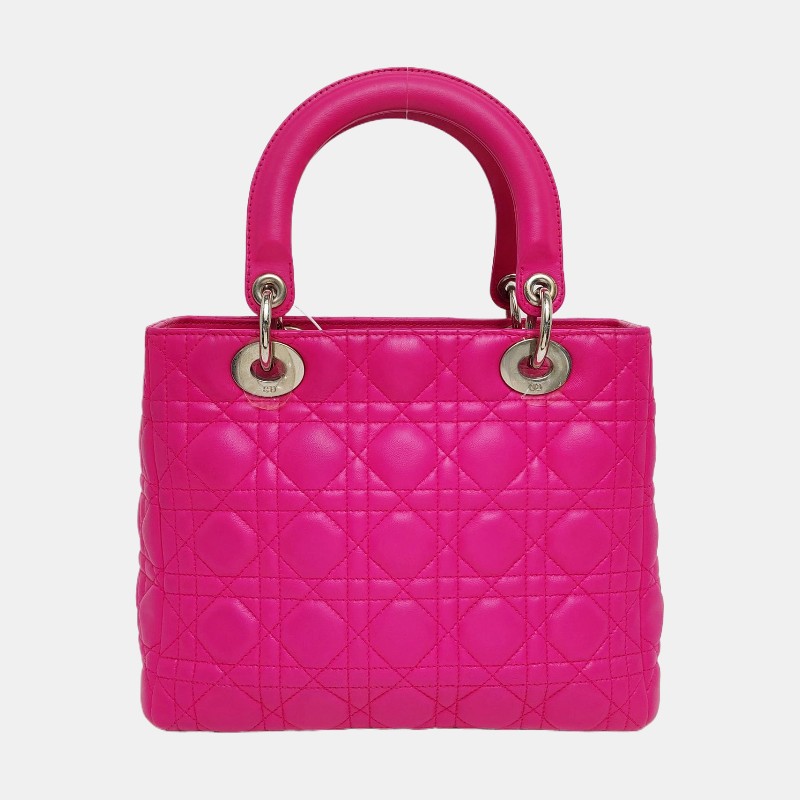 Dior lady dior 戴妃五格玫紅色羊皮銀扣 手提包肩背包-3