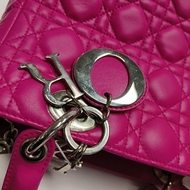 Dior lady dior 戴妃五格玫紅色羊皮銀扣 手提包肩背包-6