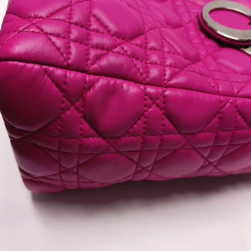 Dior lady dior 戴妃五格玫紅色羊皮銀扣 手提包肩背包-7