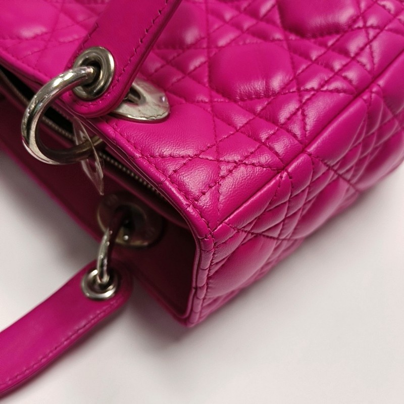 Dior lady dior 戴妃五格玫紅色羊皮銀扣 手提包肩背包-10