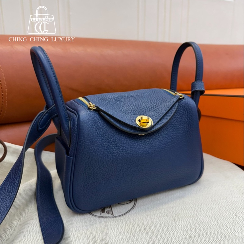 🌈Hermes💙Mini Lindy一代💙深邃藍金扣🌈98.5新🌟TC皮🌟Stamp Z🌟-0
