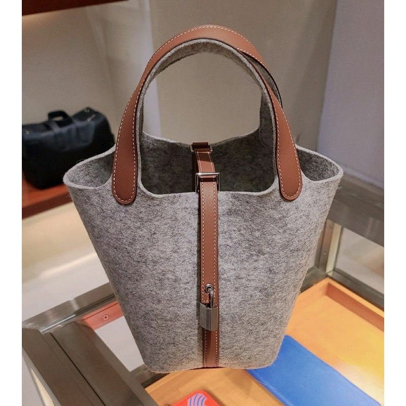 HERMES Picotin 18 駝色銀色毛氈手提包-5