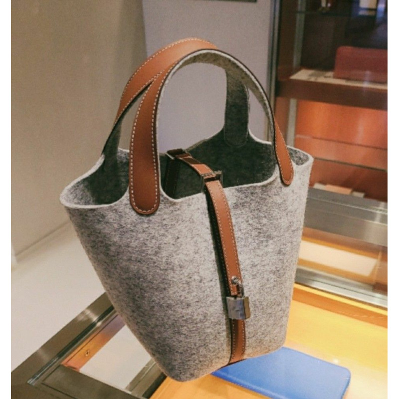 HERMES Picotin 18 駝色銀色毛氈手提包-6