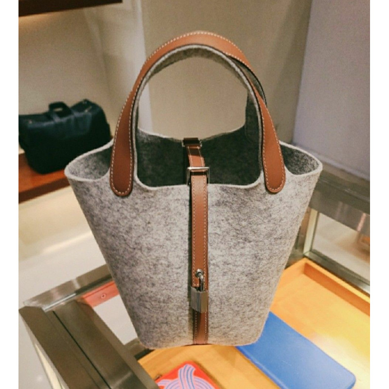 HERMES Picotin 18 駝色銀色毛氈手提包-7