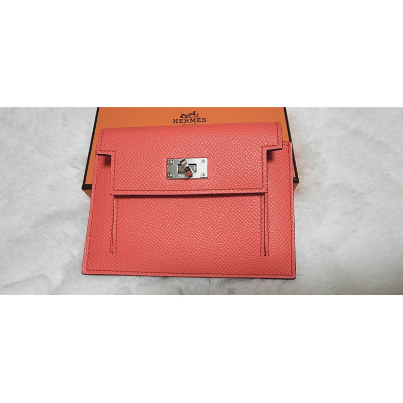 HERMES Kelly Pocket Compact Rose Texas Pink Coral Pink Silver Card Holder-0