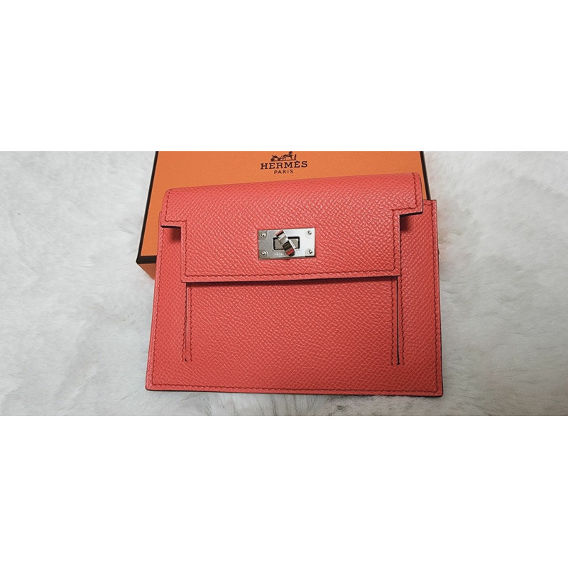 HERMES Kelly Pocket Compact Rose Texas Pink Coral Pink Silver Card Holder-1