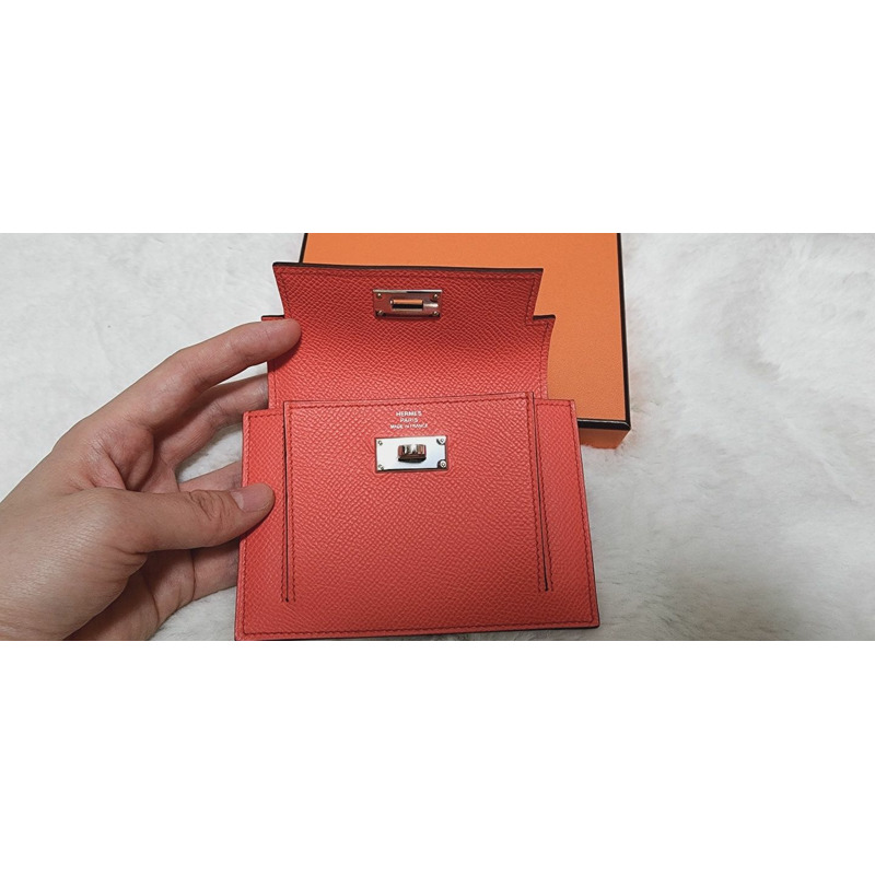 HERMES Kelly Pocket Compact Rose Texas Pink Coral Pink Silver Card Holder-3