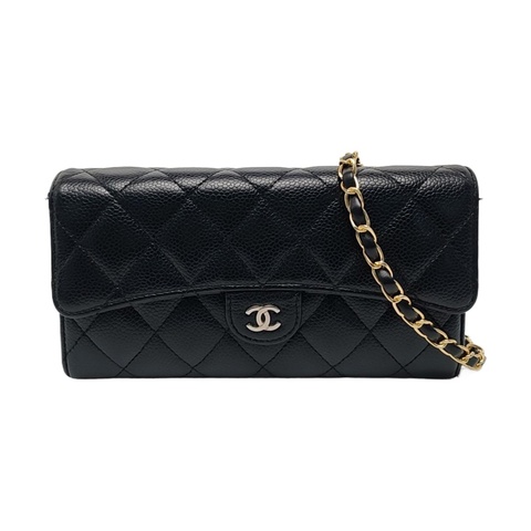 CHANEL CLASSIC FLAP黑色荔枝紋牛皮菱格銀包  銀色五金