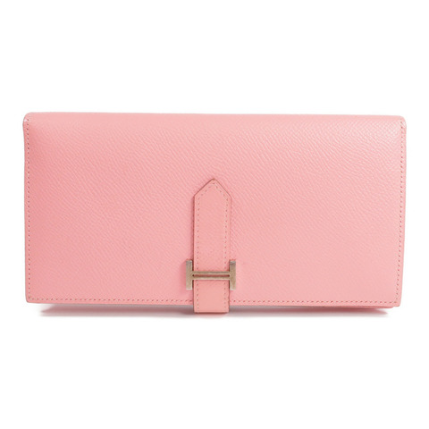 HERMES Epsom皮革Bearn W Snap銀扣長錢包Rose confetti