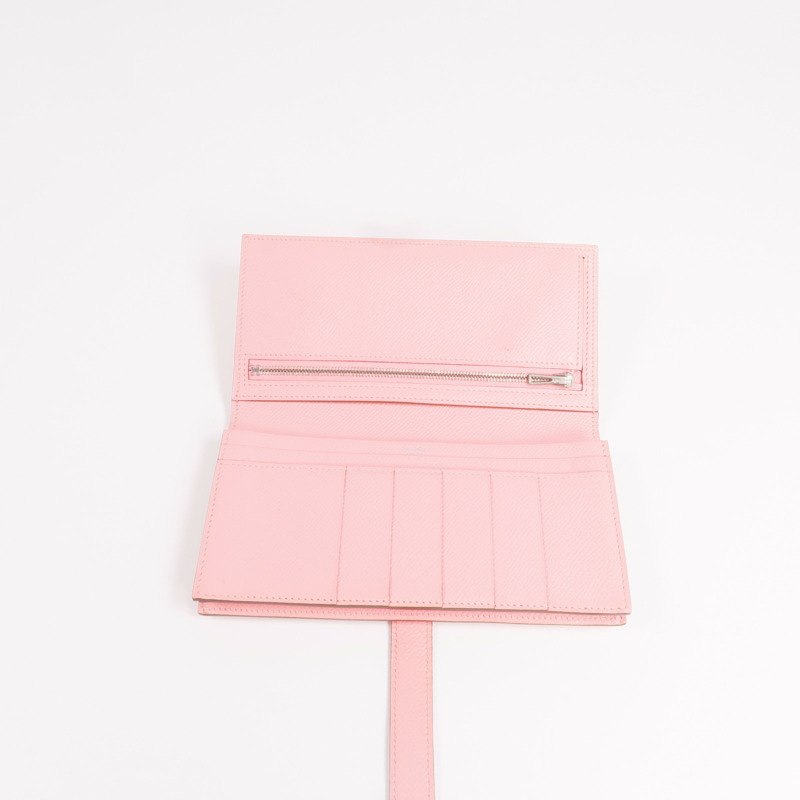 HERMES Epsom皮革Bearn W Snap銀扣長錢包Rose confetti-5