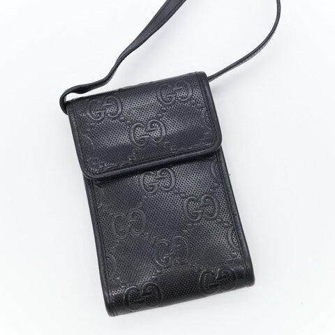 Gucci 古馳 GG 黑色 牛皮 印花壓紋 斜背包 手機包