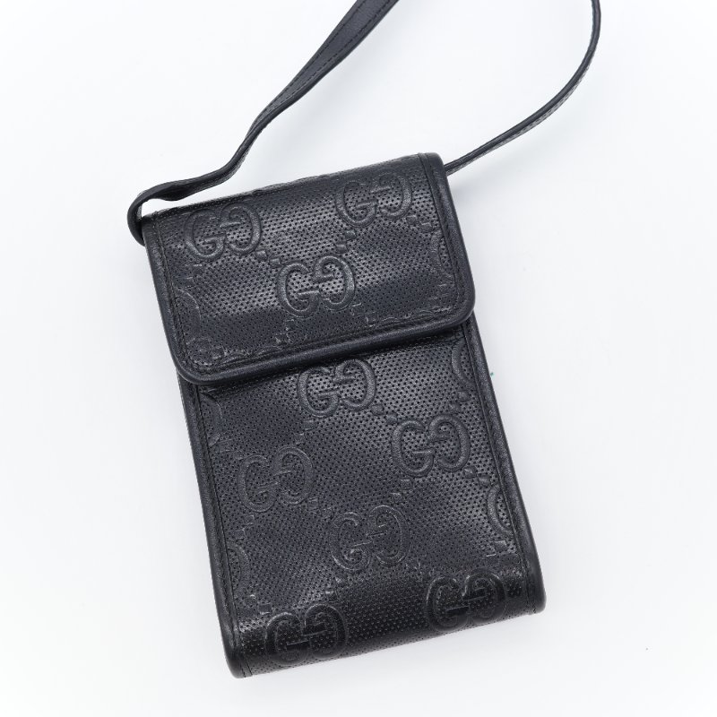 Gucci 古馳 GG 黑色 牛皮 印花壓紋 斜背包 手機包-0