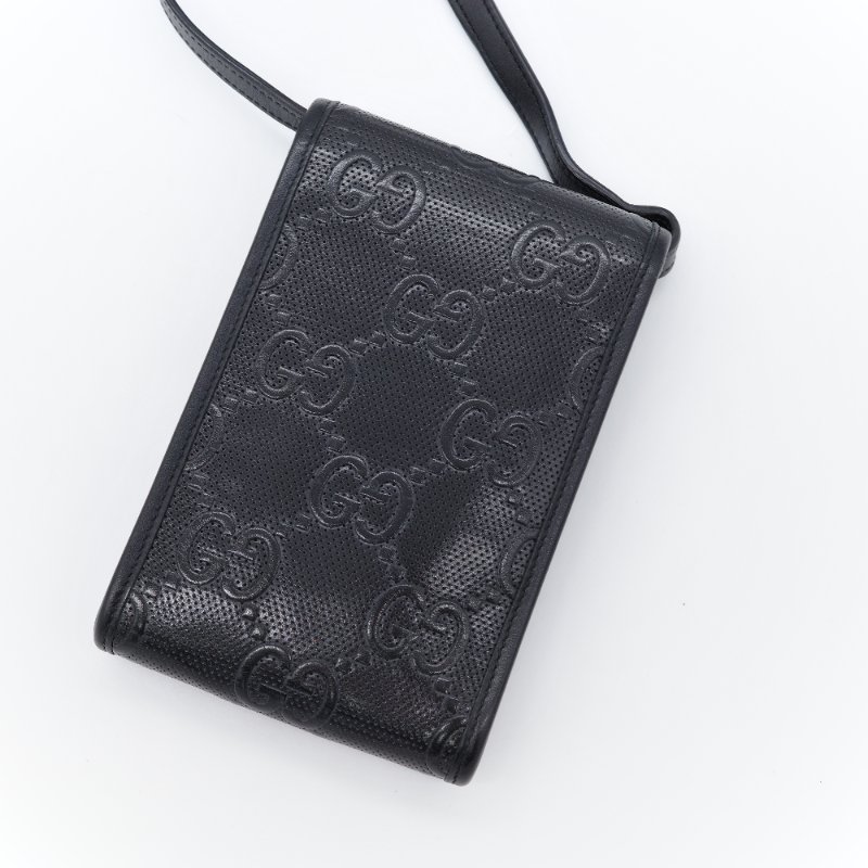 Gucci 古馳 GG 黑色 牛皮 印花壓紋 斜背包 手機包-1