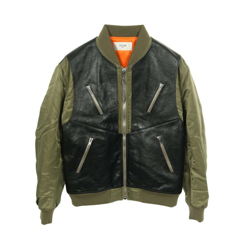 CELINE 尼龍皮革拼接短款夾克，卡其色/黑色，二手男款，尺寸 52