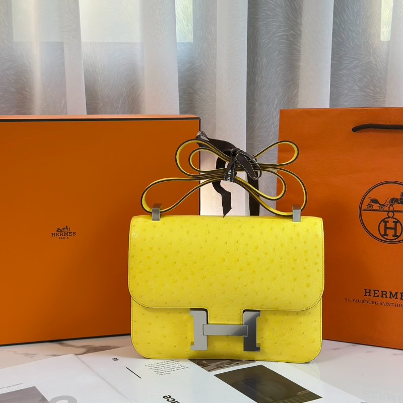 HERMES Constance 24 - 鴕鳥皮檸檬黃銀 U-0
