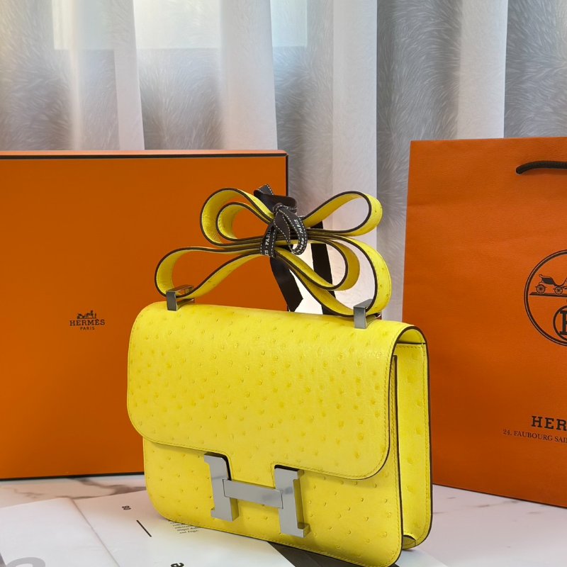 HERMES Constance 24 - 鴕鳥皮檸檬黃銀 U-3