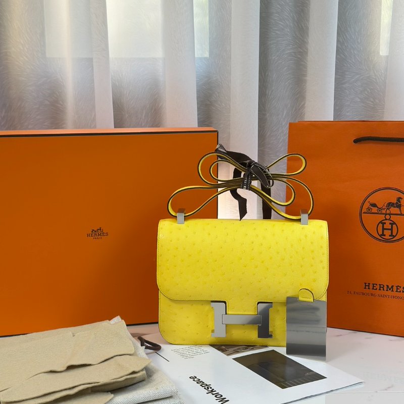 HERMES Constance 24 - 鴕鳥皮檸檬黃銀 U-8