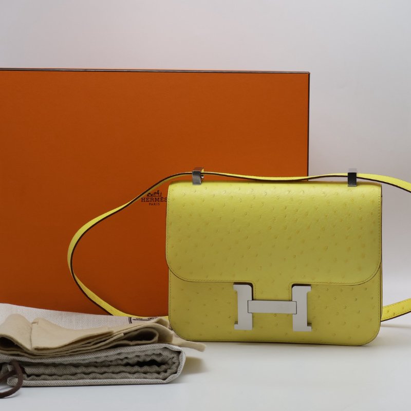 HERMES Constance 24 - 鴕鳥皮檸檬黃銀 U-9