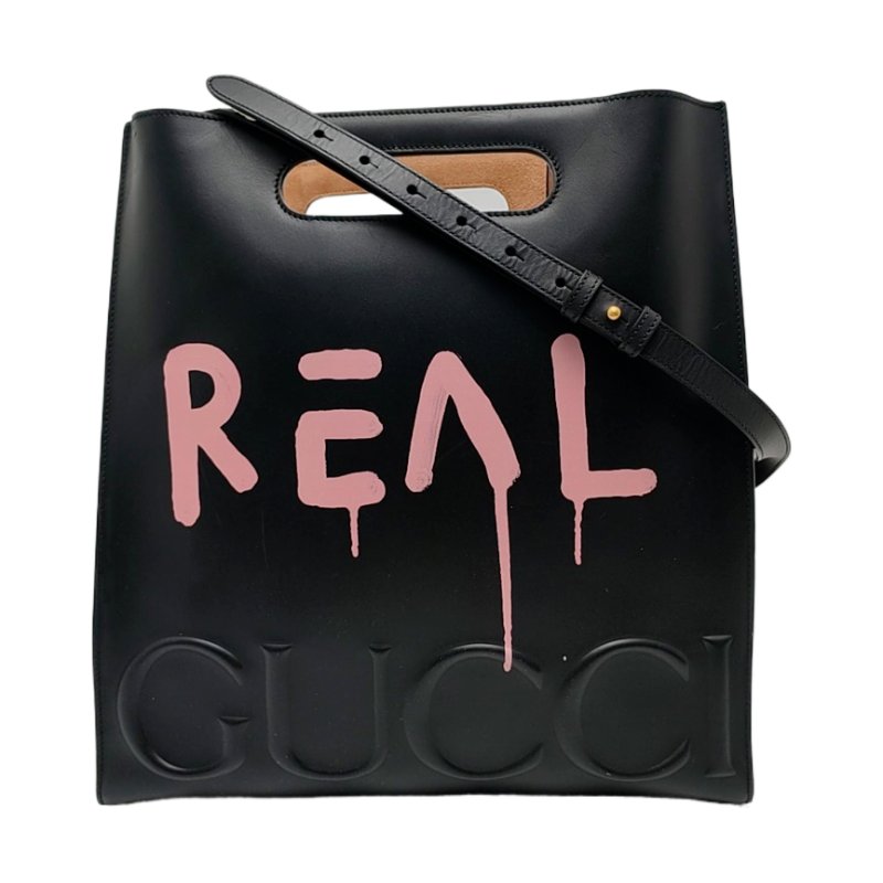 GUCCI托特包黑色牛皮印花單肩包手提包斜挎包金色五金-0