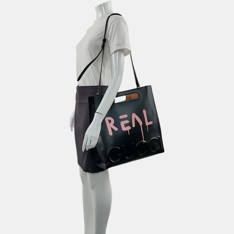 GUCCI托特包黑色牛皮印花單肩包手提包斜挎包金色五金-1