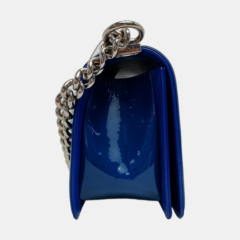 CHANEL BOY CHANEL中號藍色漆皮菱格紋絎縫斜挎包單肩包銀色五金20開可拆卸肩帶-3