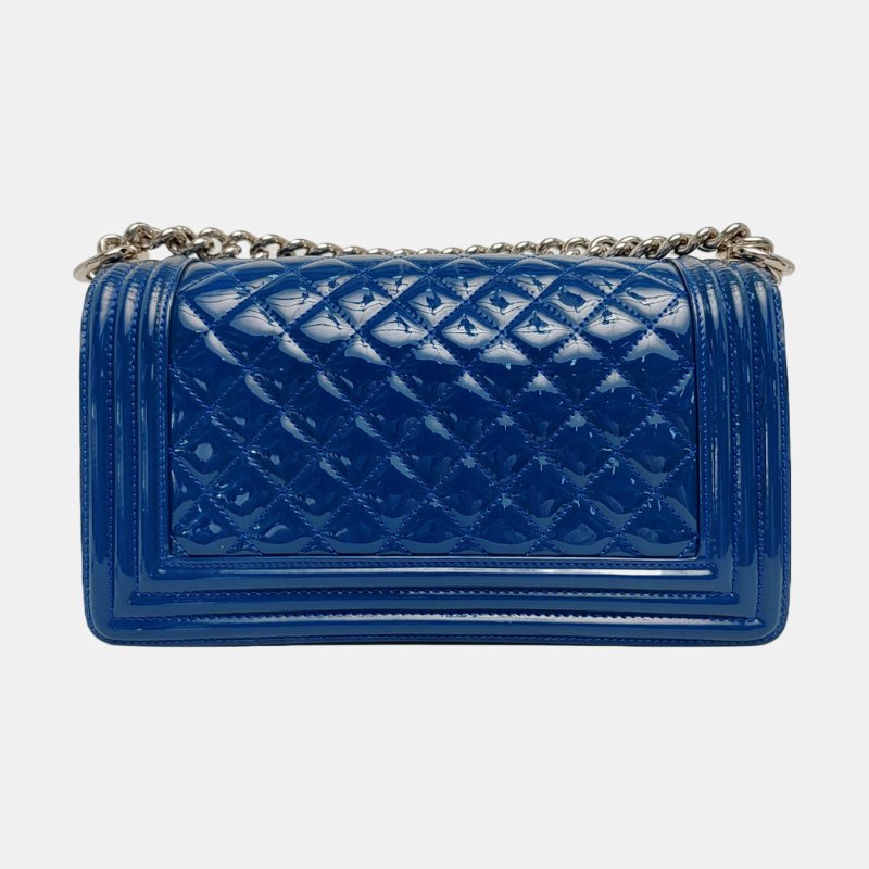 CHANEL BOY CHANEL中號藍色漆皮菱格紋絎縫斜挎包單肩包銀色五金20開可拆卸肩帶-4