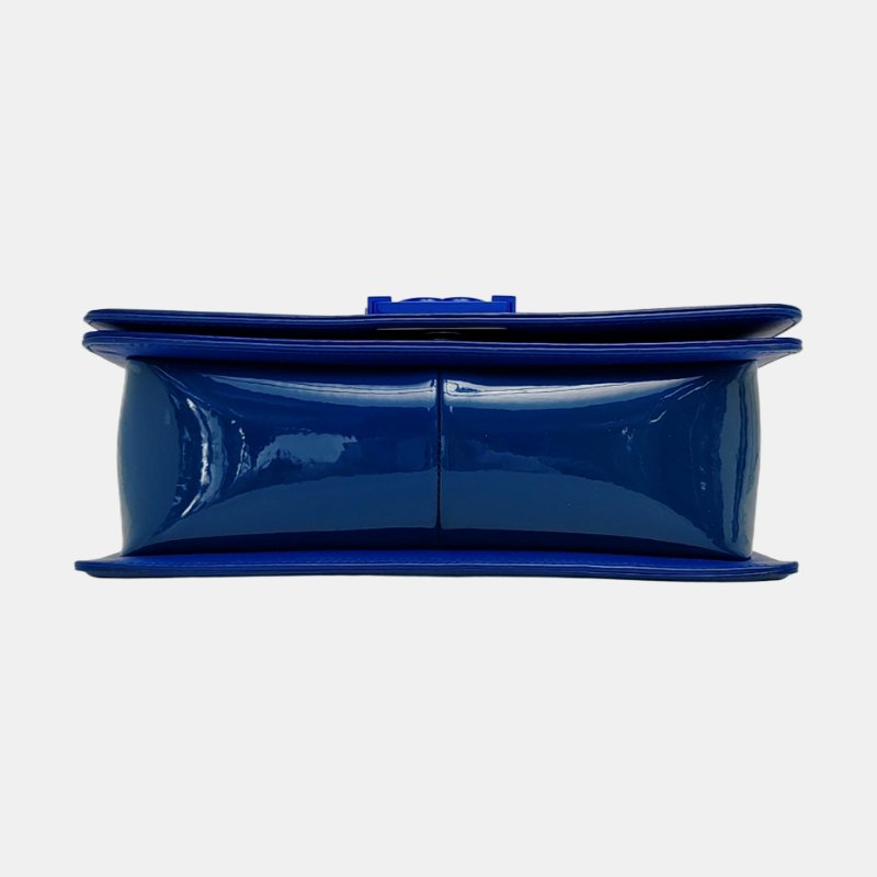 CHANEL BOY CHANEL中號藍色漆皮菱格紋絎縫斜挎包單肩包銀色五金20開可拆卸肩帶-5