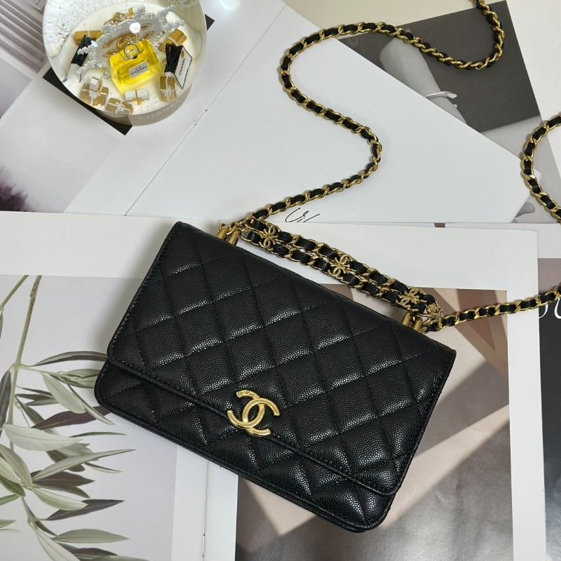 CHANEL 22K雙C皮穿鍊WOC - 粒面牛皮黑金-0