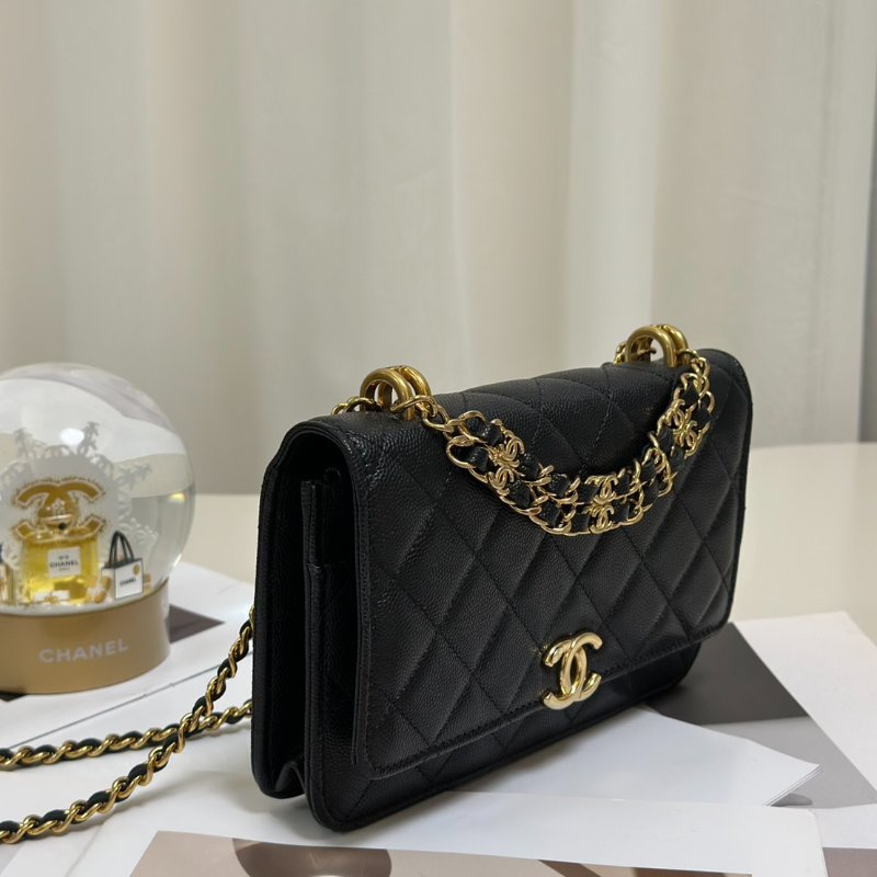 CHANEL 22K雙C皮穿鍊WOC - 粒面牛皮黑金-2