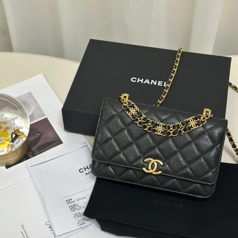 CHANEL 22K雙C皮穿鍊WOC - 粒面牛皮黑金-8