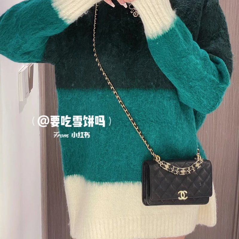 CHANEL 22K雙C皮穿鍊WOC - 粒面牛皮黑金-10