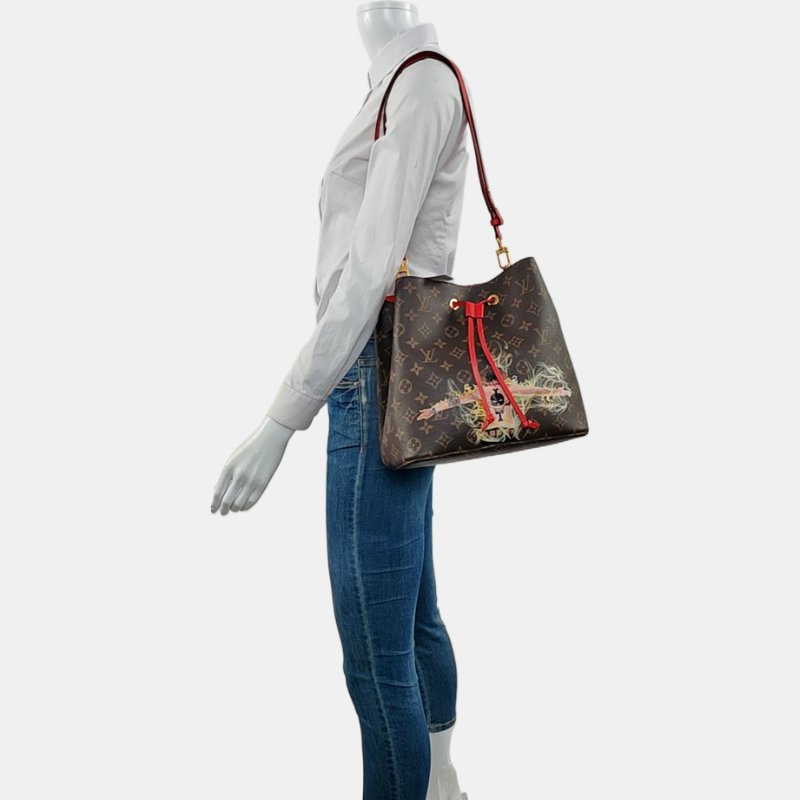 LOUIS VUITTON NEONOE棕色塗層帆布老花印花單肩包斜挎包金色五金可拆卸肩帶-1