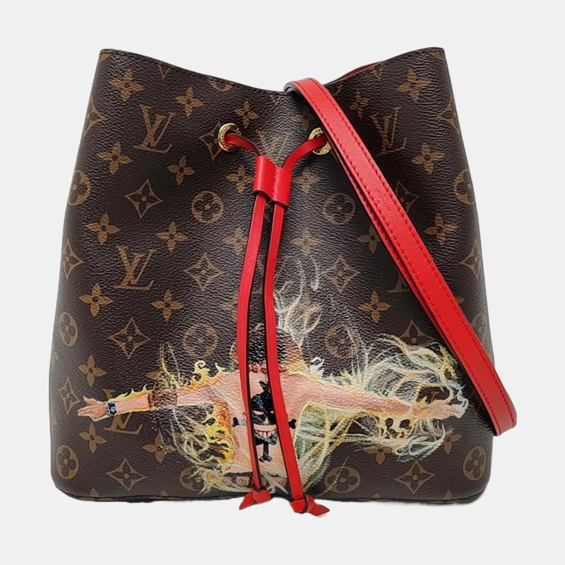 LOUIS VUITTON NEONOE棕色塗層帆布老花印花單肩包斜挎包金色五金可拆卸肩帶-7