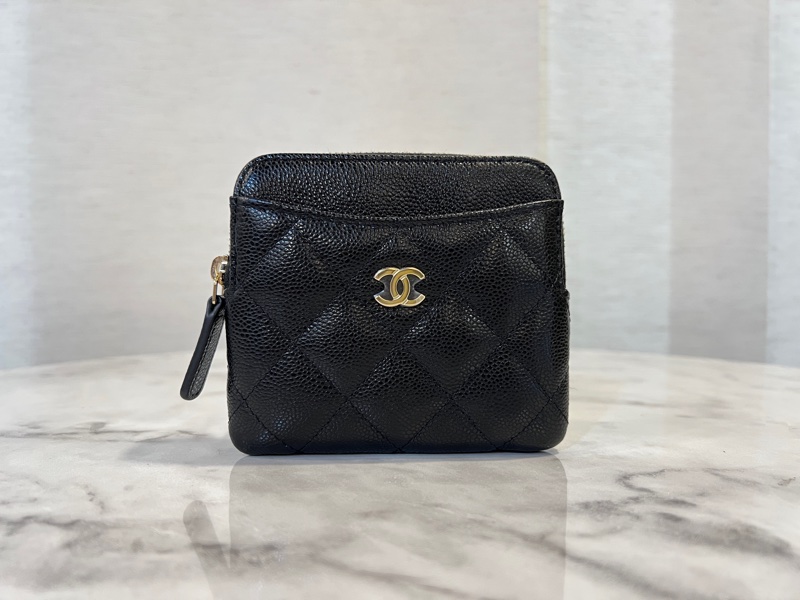 Chanel 黑荔枝牛皮淡金釦5卡ㄇ拉零錢包-0