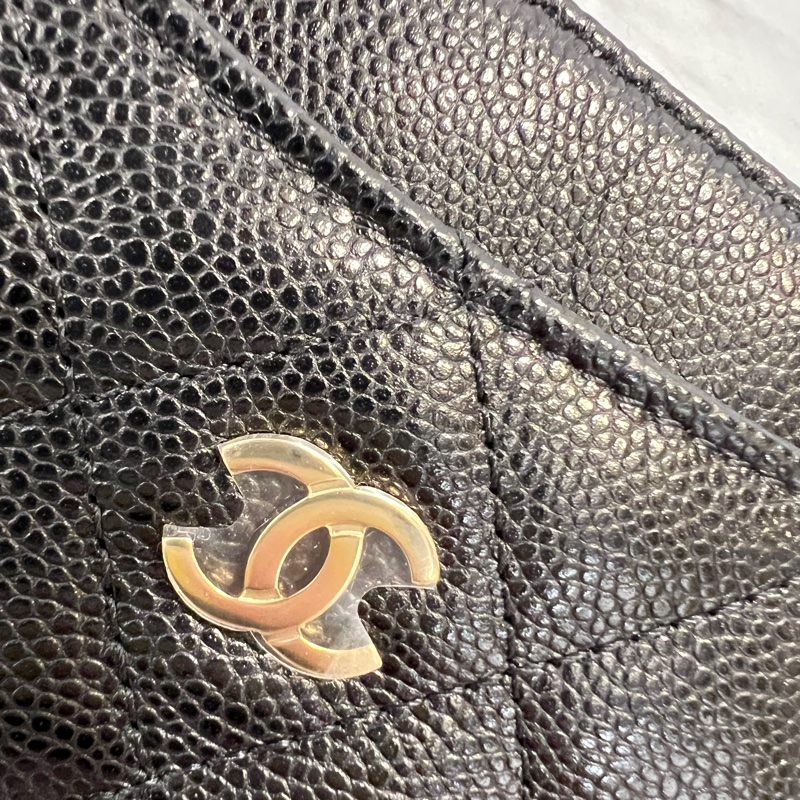 Chanel 黑荔枝牛皮淡金釦5卡ㄇ拉零錢包-9