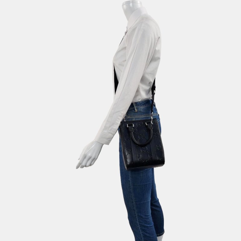 GUCCI托特包迷你黑色牛皮老花壓紋單肩包銀色五金可拆卸肩帶9.8新-1