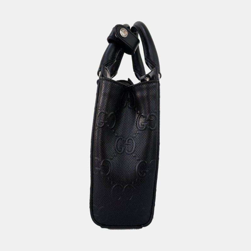 GUCCI托特包迷你黑色牛皮老花壓紋單肩包銀色五金可拆卸肩帶9.8新-3